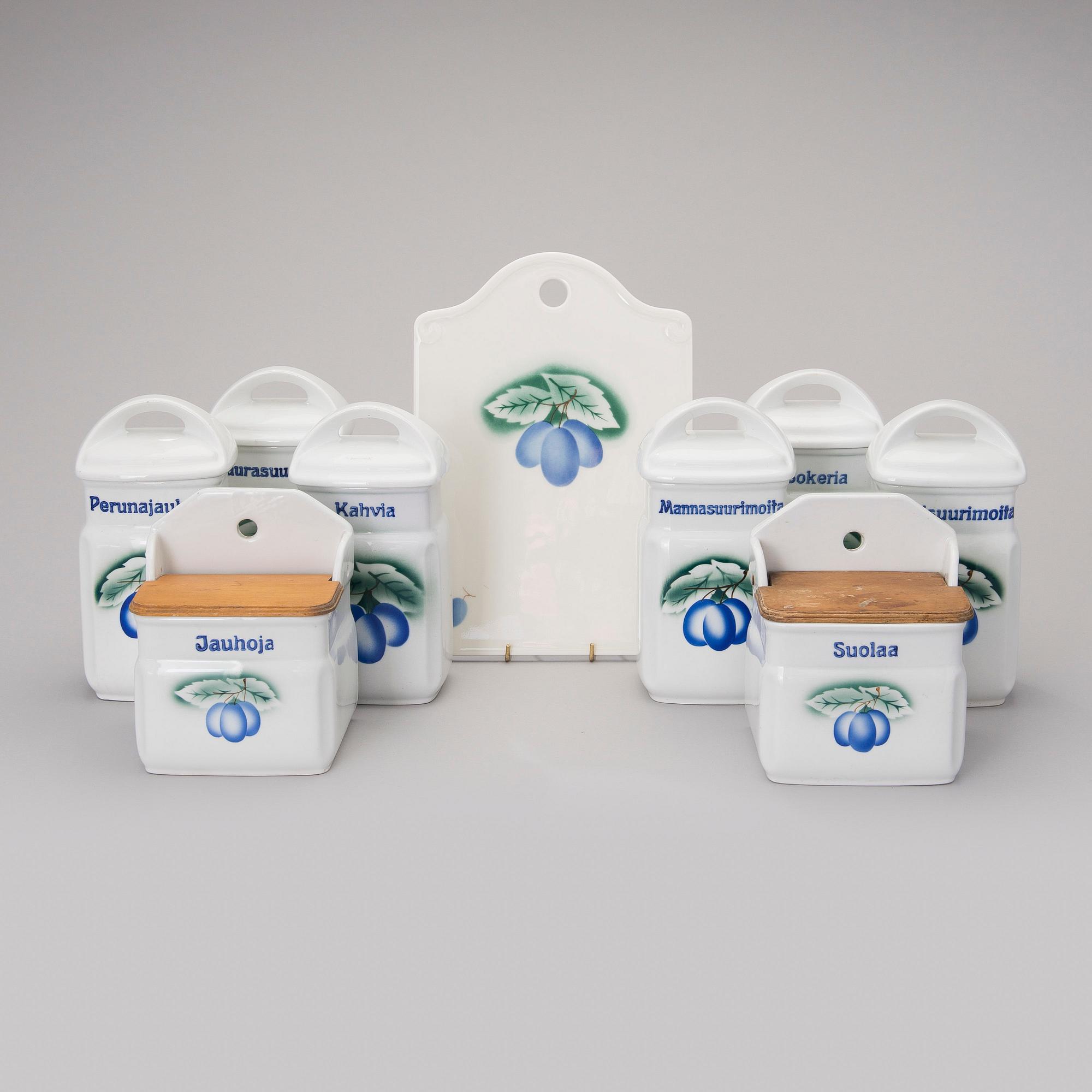 KRYDDBURKAR, 8 st, 1930-1940-tal och SKÄRBRÄDE, jubileumsår 1998, flintgods, Arabia Finland.