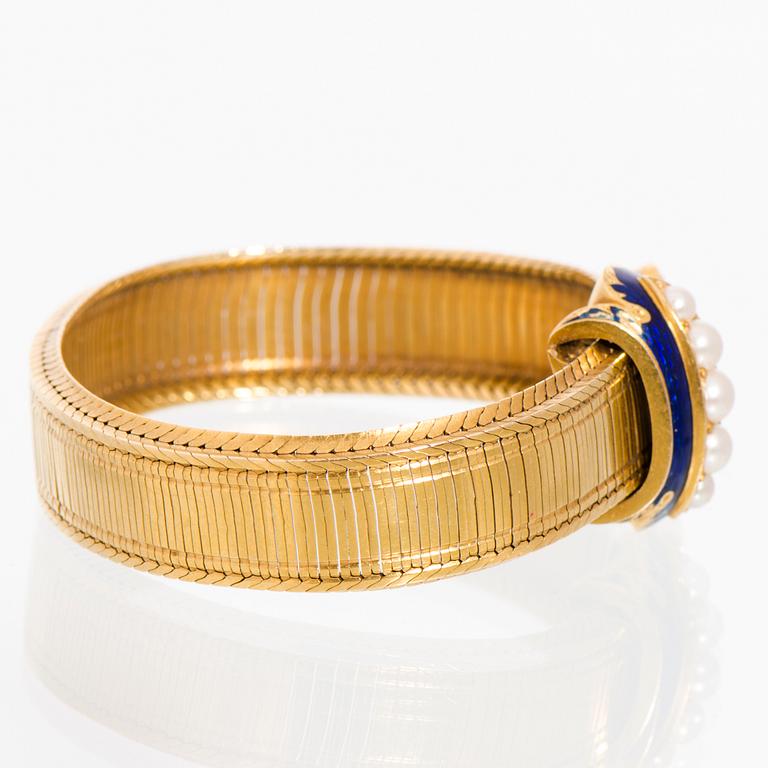 ARMBAND, emalj, pärlor, 18K guld, sent 1800-tal.