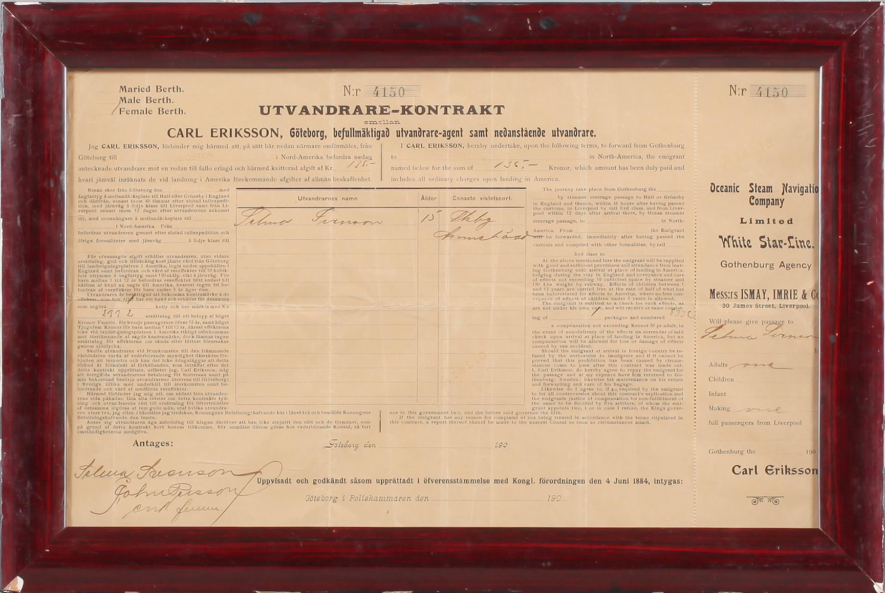 UTVANDRINGSKONTRAKT, White Star-Line, tidigt 1900-tal.