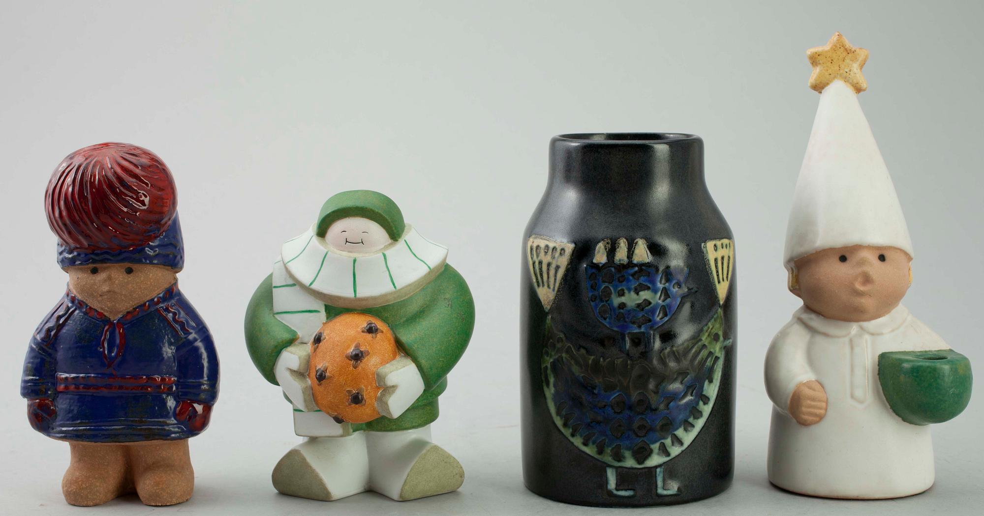 FIGURIINEJÄ,3 kpl ja MALJAKKO, kermiikkaa, Lisa Larsson, Gustavsberg ja Jakob Robertsson, Rörstrand.