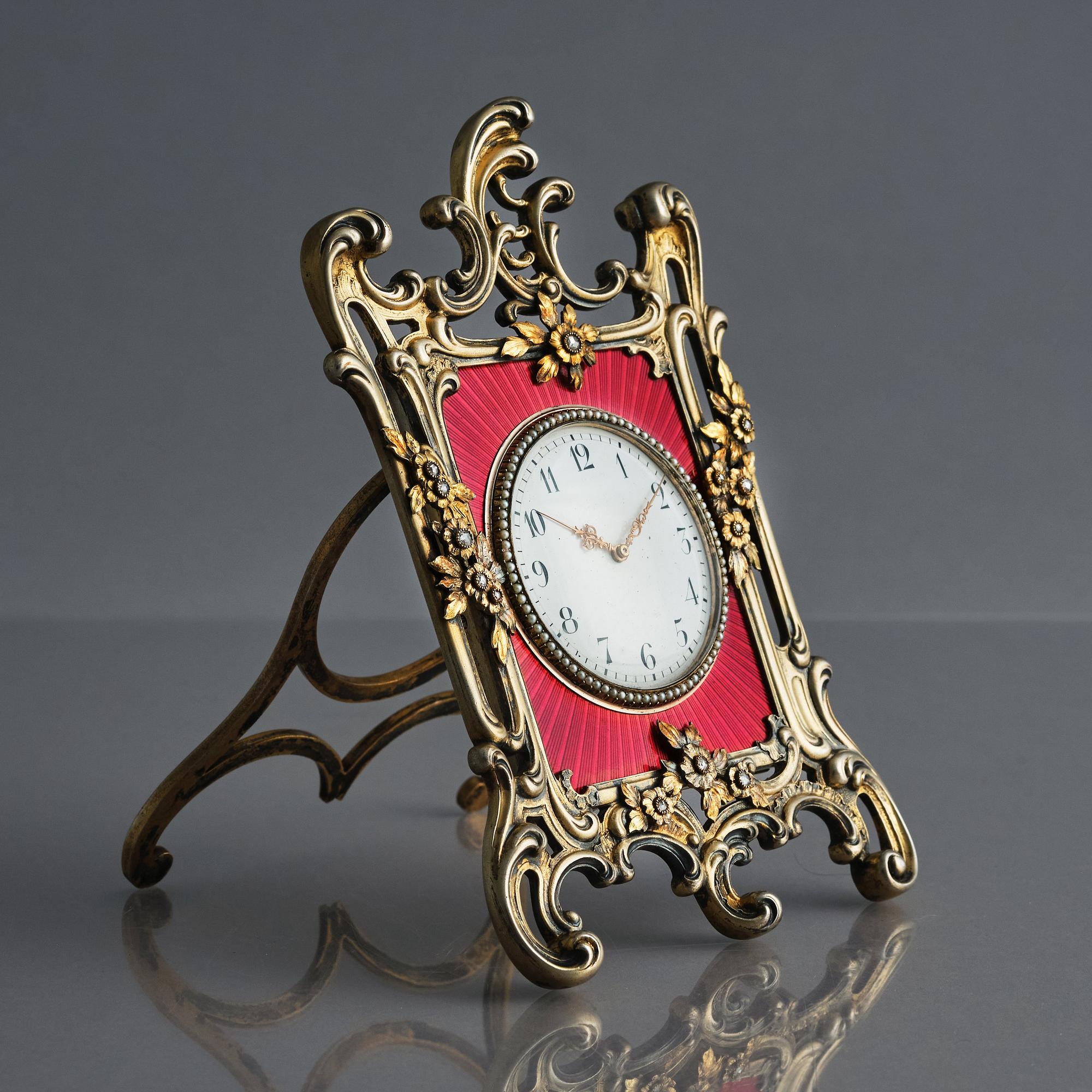 A Fabergé, Nobel family, jewelled, silver-gilt, guilloché enamel desk clock, workmaster Michael Perchin, St Petersburg.
