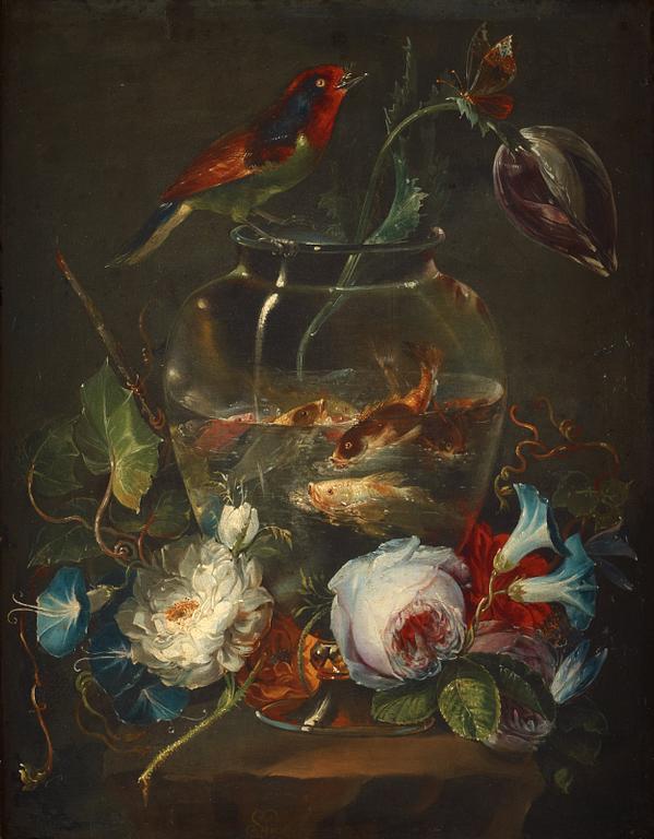 Giuseppe Giusti, Still life with goldfish, a tulip and roses.