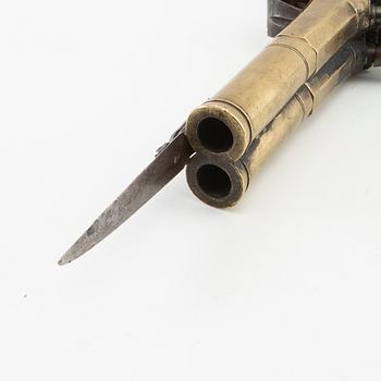 Double-barrel percussion pistol with bayonet, 19th century.