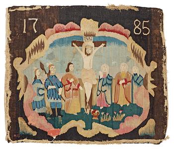 1129. VÄVNAD, gobelängteknik. 37,5 x 44,5 cm. Sverige 1785. Förmodligen vävd av en medlem av den berömda småländska prästsläkten Rogberg-Oxelgren.