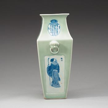 A celadon ground blue and white vase, late Qing dynasty.