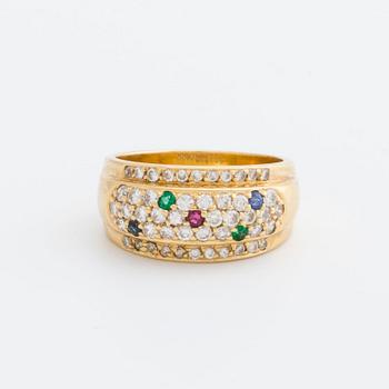 RING 18K gold w brilliant-cut diamonds approximately 0,60 ct, 2 rubies, 2 emeralds and 2 sapphires.