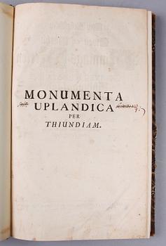 BOK, "Then första boken af Swea och Göta Minnings merken uthi Uplandz..." av Johan Peringskjöld, Stockholm 1710.