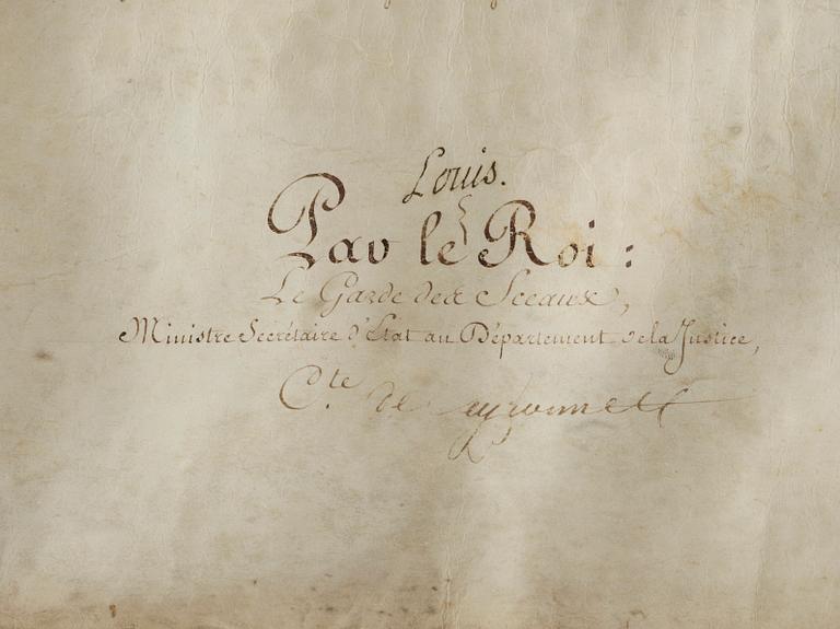KONFIRMATIONSBREV, på pergament, egenhändigt undertecknat av Konung Ludvig XVIII av Frankrike & Navarre, 1814-1824.