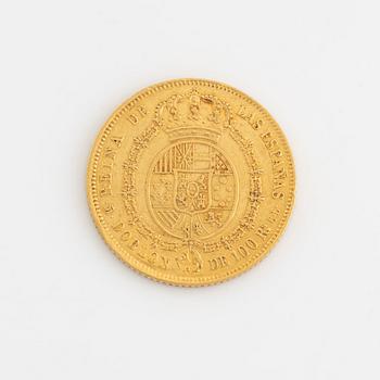 A Spanish goldcoin, 100 Reales 1850.