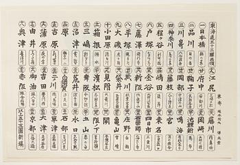 ANDO HIROSHIGE, senare avdrag, mapp, "The fifty-three stations on the tokaido", utgiven av Kata Hanga Kenkyujo.