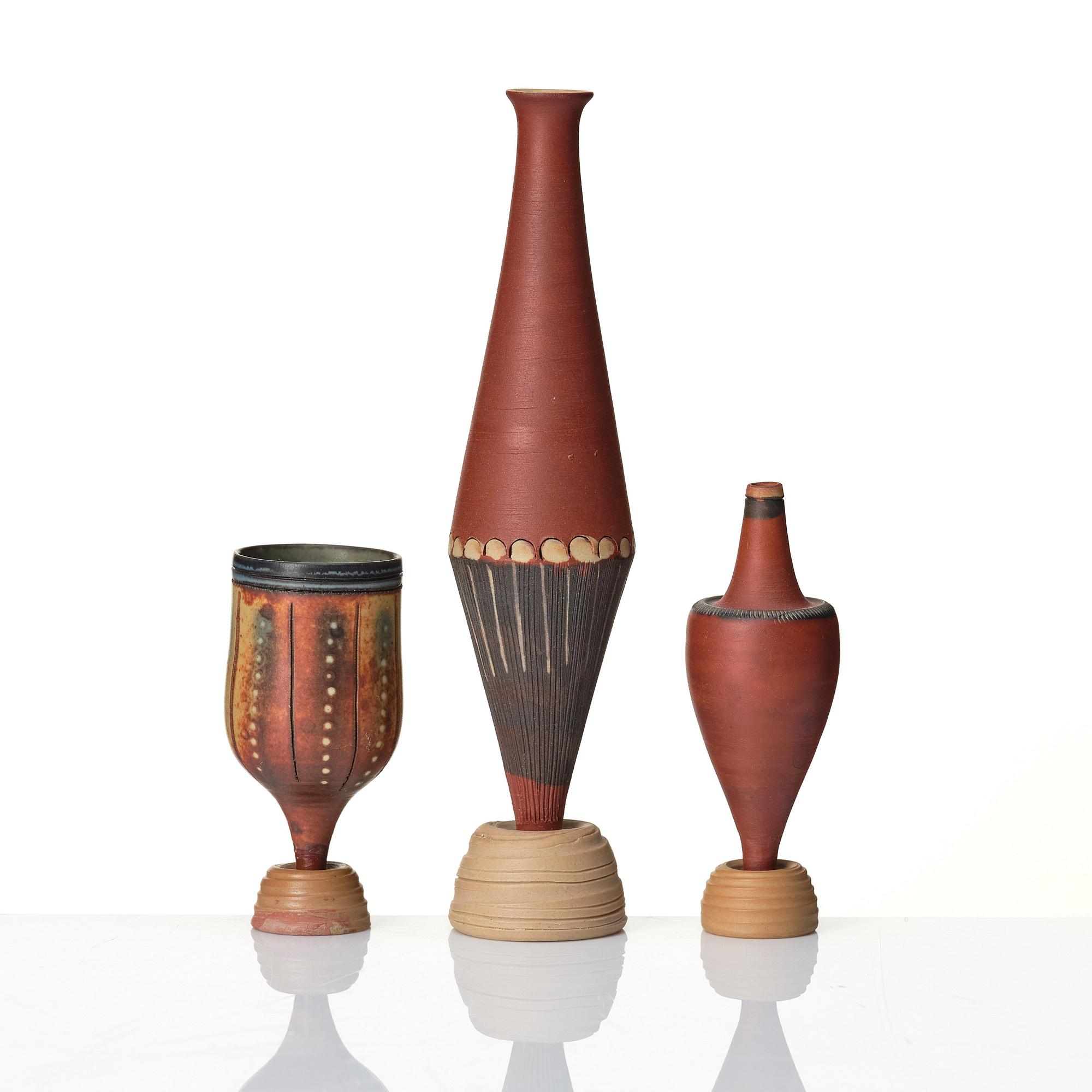 Wilhelm Kåge, a set of three miniature  'Farsta Spirea' stoneware vases, Gustavsberg studio, Sweden, one dated 1958.