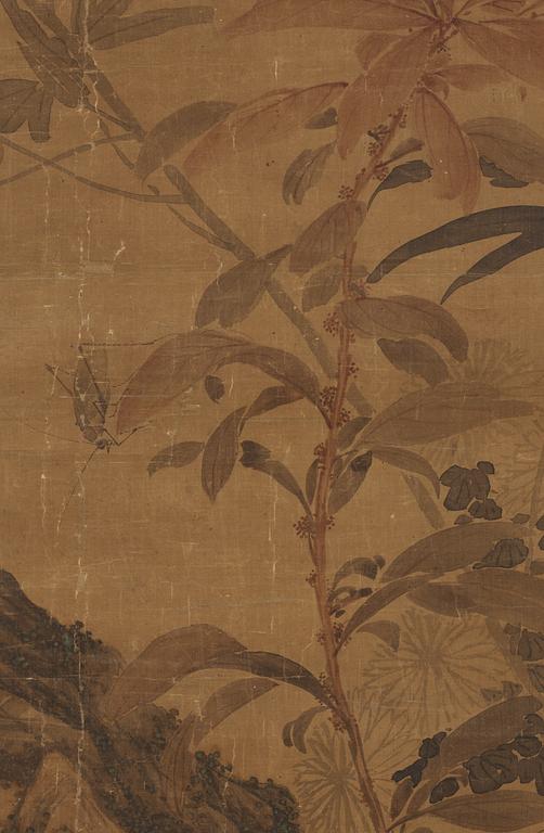 A hanging scroll of a grasshopper in a garden, Qing dynasty.