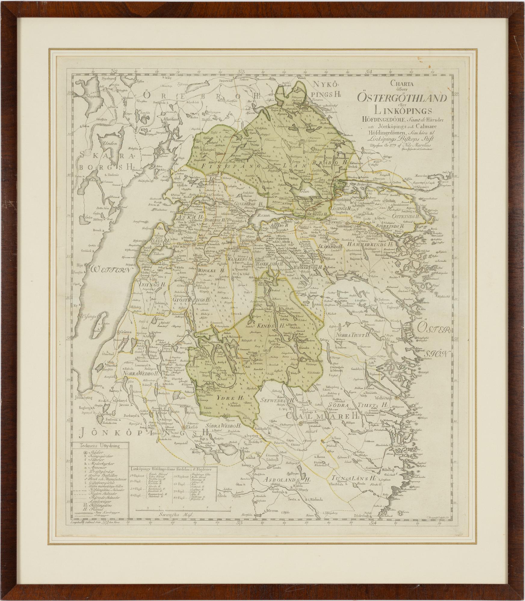 A map, hand-coloured copper engraving, Nils Marelius, 1779.
