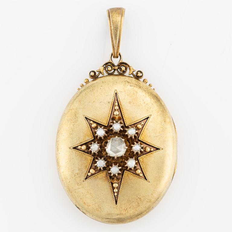 Medallion, gold with rose-cut diamond and seed pearls.