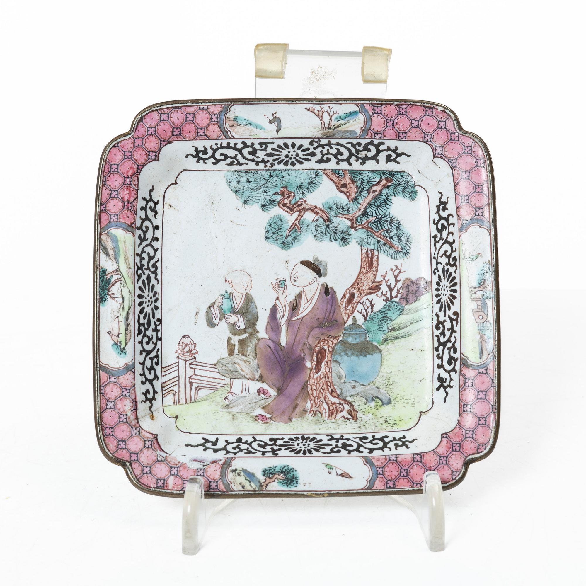 A set of six Chinese enamel on copper bowls and a dish, Qing dynasty and 20th century.