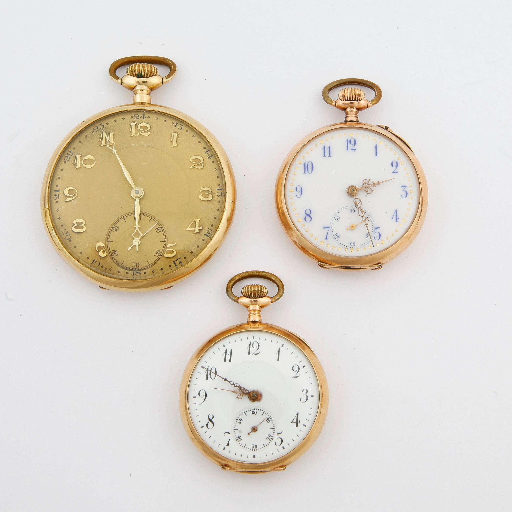 HERRFICKUR SAMT 2 DAMFICKUR, guld 14k, omkring sekelskiftet 1900 till 1900-talets första hälft. Tot ca 120 gram.