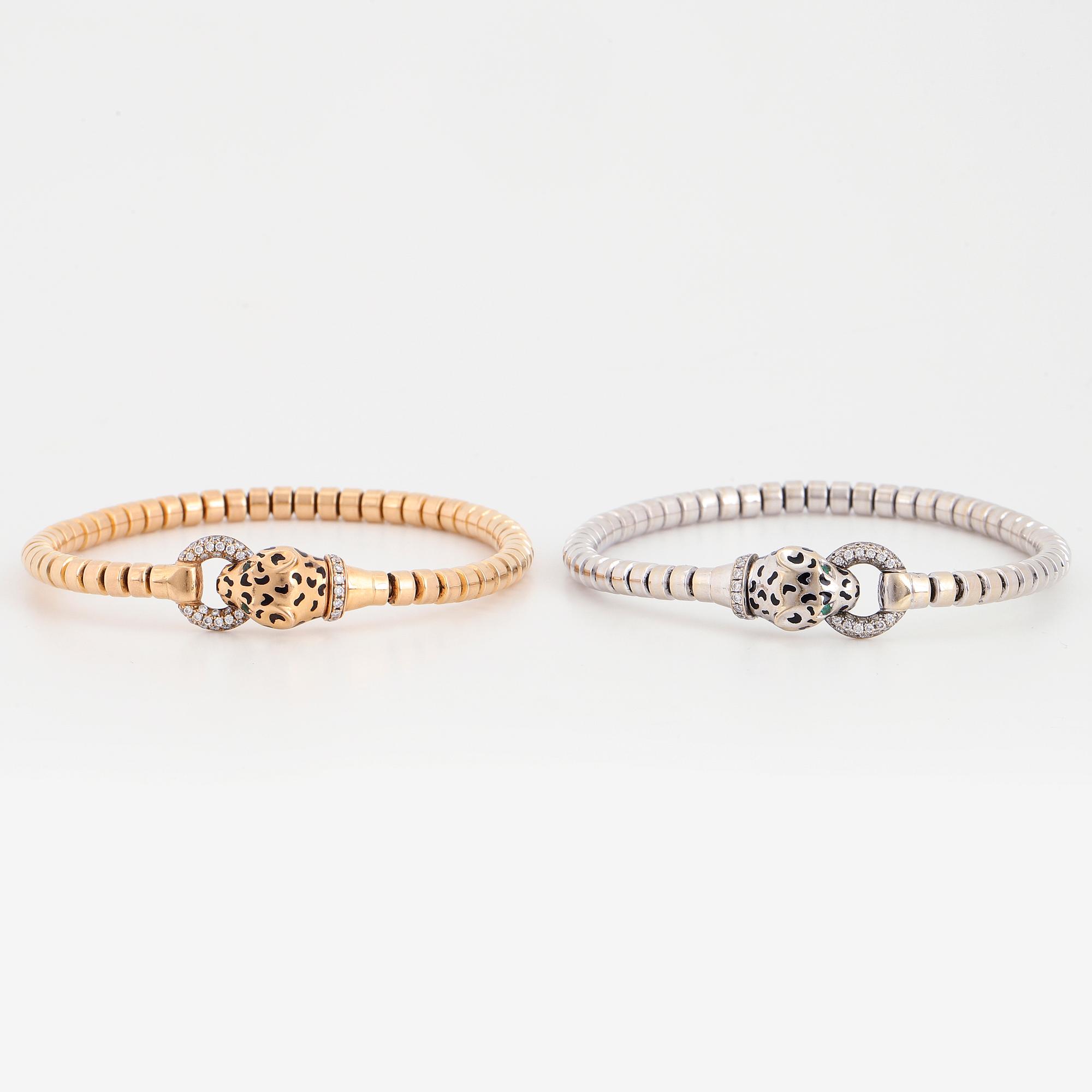 Two panther stretchy white gold and rosé gold with brilliant-cut diamonds.
