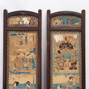 Two Chinese hardwood screens with Japanese woodblock prints, around 1900.
