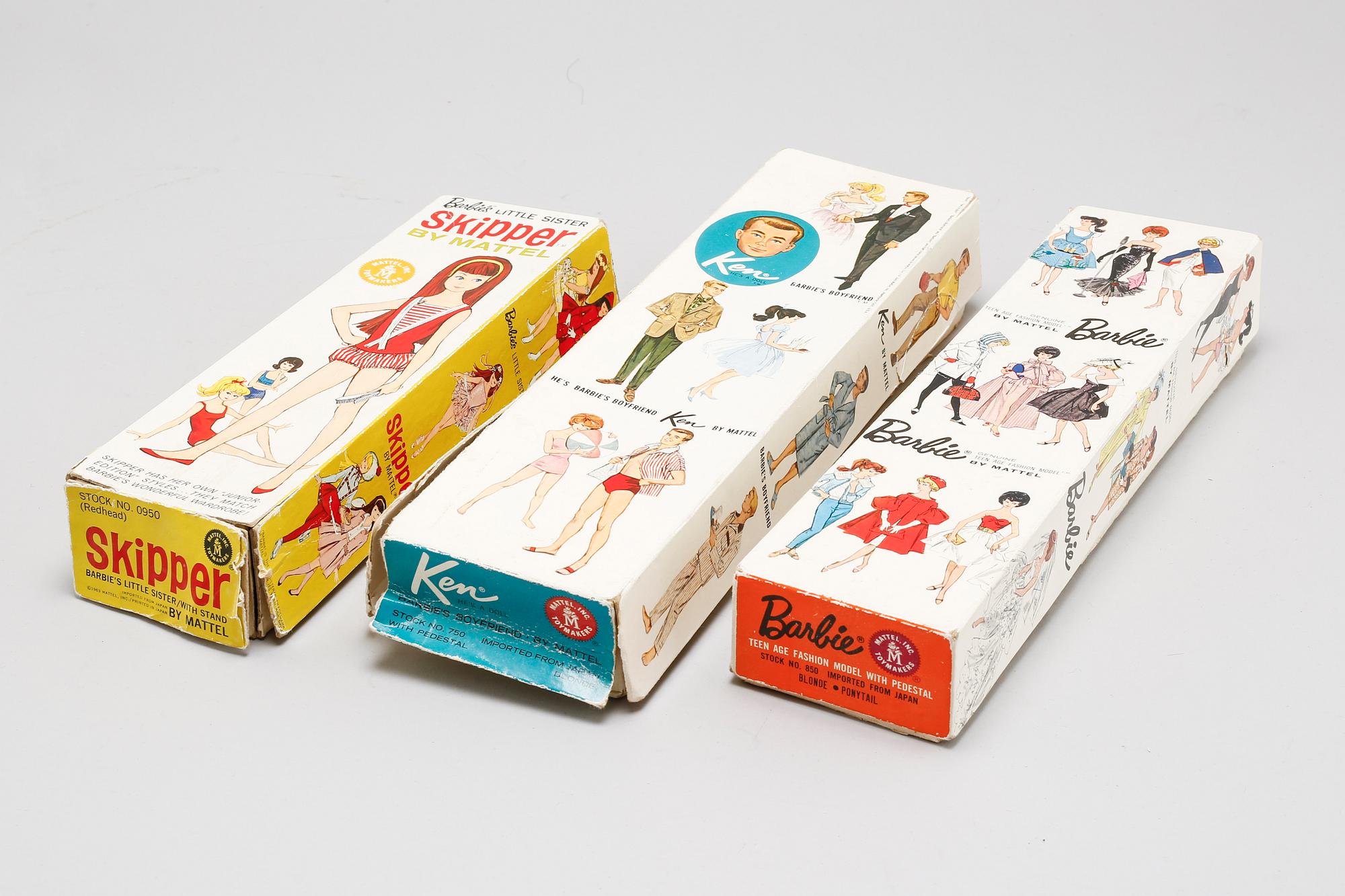 Three Barbie dolls, Mattel, 1960s.