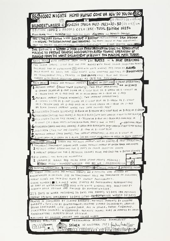 Friedensreich Hundertwasser, photo lithograph and silk screen with metal embossing, 1984. Signed and numbered 4378/10002.