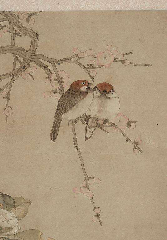 MÅLNING, av Chen Zhifo, signerad, blommande kamelia, prunus och sparvar.