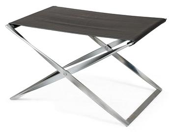 751. A Poul Kjaerholm folding stool by Fritz Hansen, Denmark. Black leather and matpolished steel.
