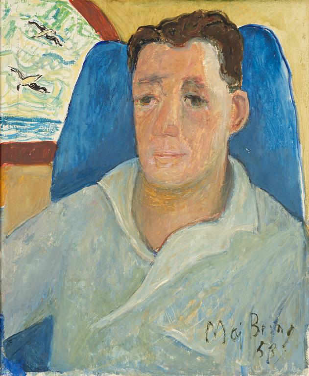 Maj Bring, Seated man in blue armchair.