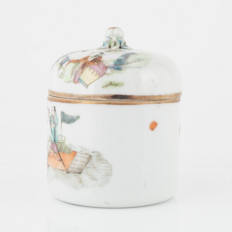 Box with lid, cup with lid, and bowl, porcelain, China, late Qing Dynasty, late 19th century.