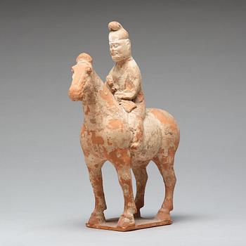 A painted pottery figure of an equestrian standard-bearer, Tang dynasty (618-907 AD.).