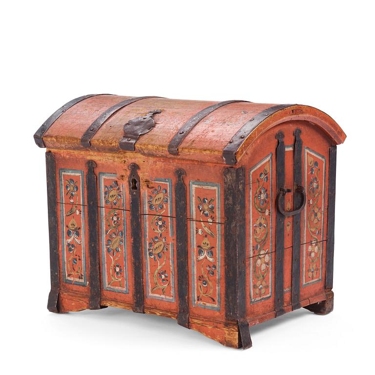 A painted provincial chest, Norbotten, Sweden, dated 1827.