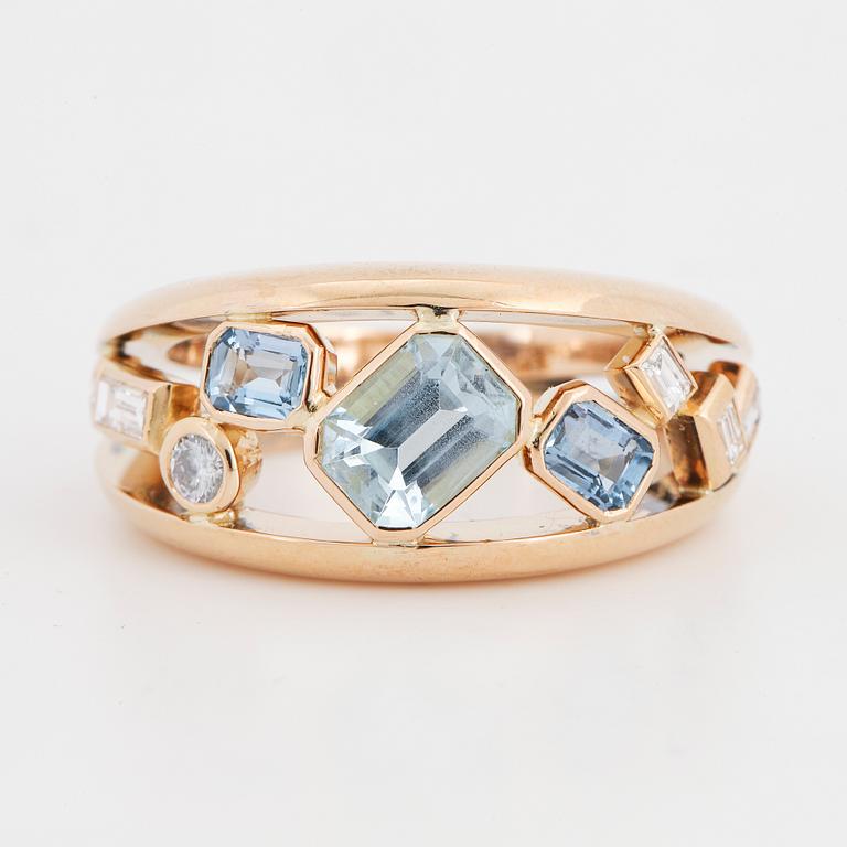 Aquamarine, baguette and brilliant-cut diamond band ring.