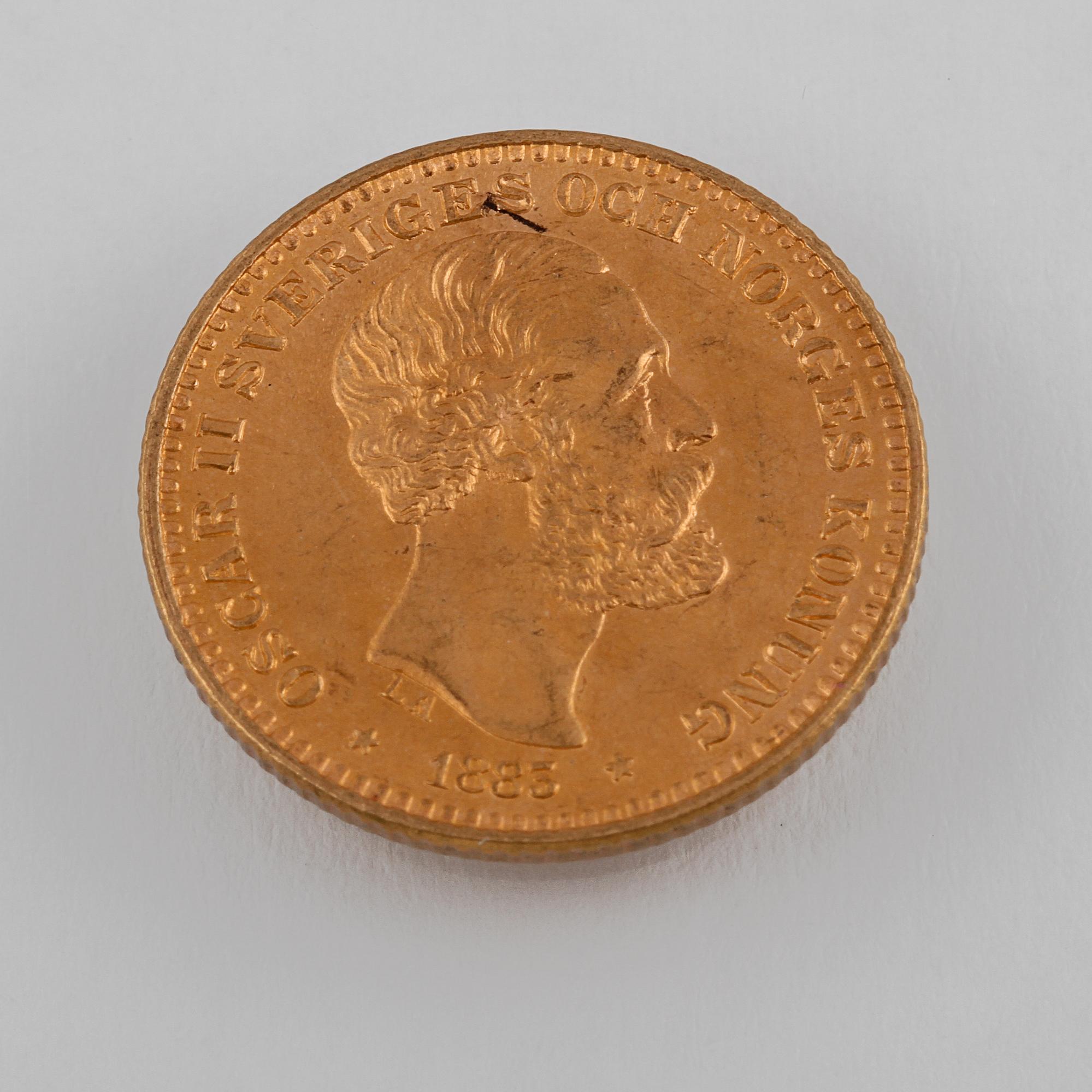 GULDMYNT, 10 kr, Oscar II, 1883. Vikt ca 4 gram.