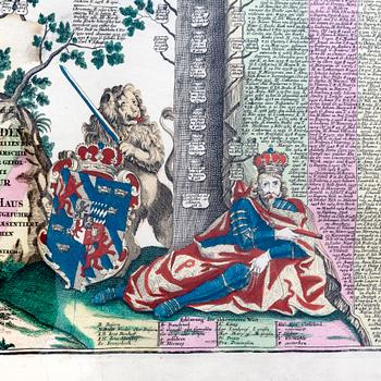 Mattias Seutter, family tree of Sweden's royalty and regents, hand colored copper engraving, Augsburg c 1730s-40s.