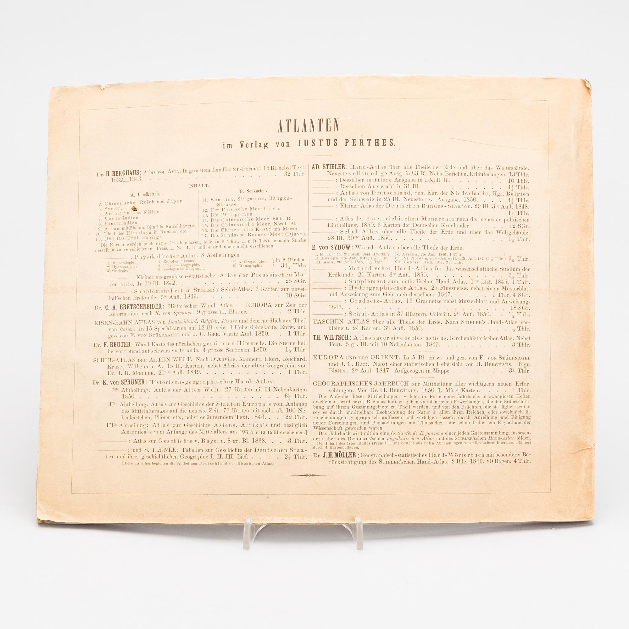 "Physikalischer schul-atlas by Dr Heinrich Berghaus. Utgiven verlag Justus Perthes 1850.