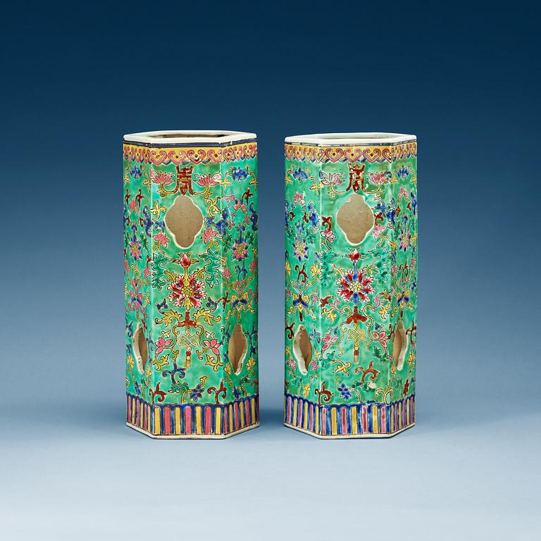 A pair of famille rose turkoise ground hat stands/lanterns, Qing dynasty, with Guangxus mark.