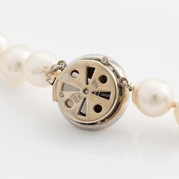 Necklace with cultured pearls, clasp in 18K gold with a half pearl and eight-cut diamonds.