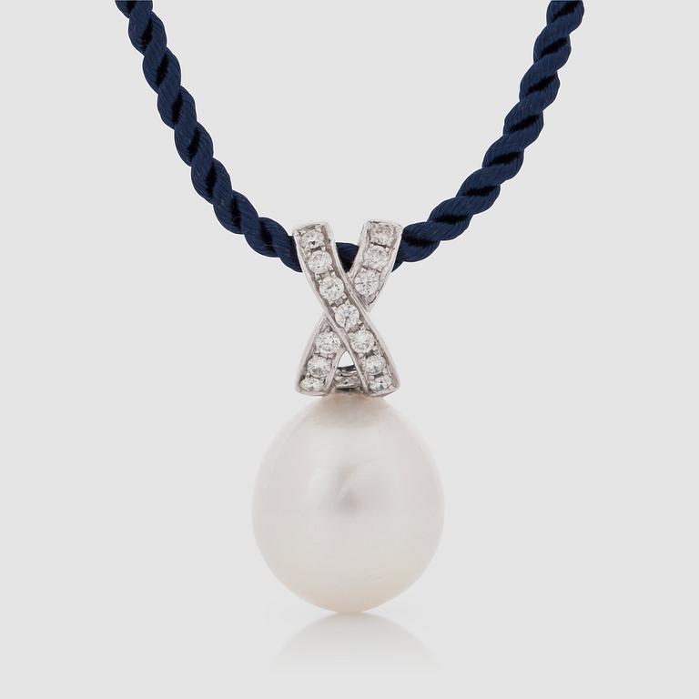 A cultured South Sea pearl and brilliant-cut diamond necklace.