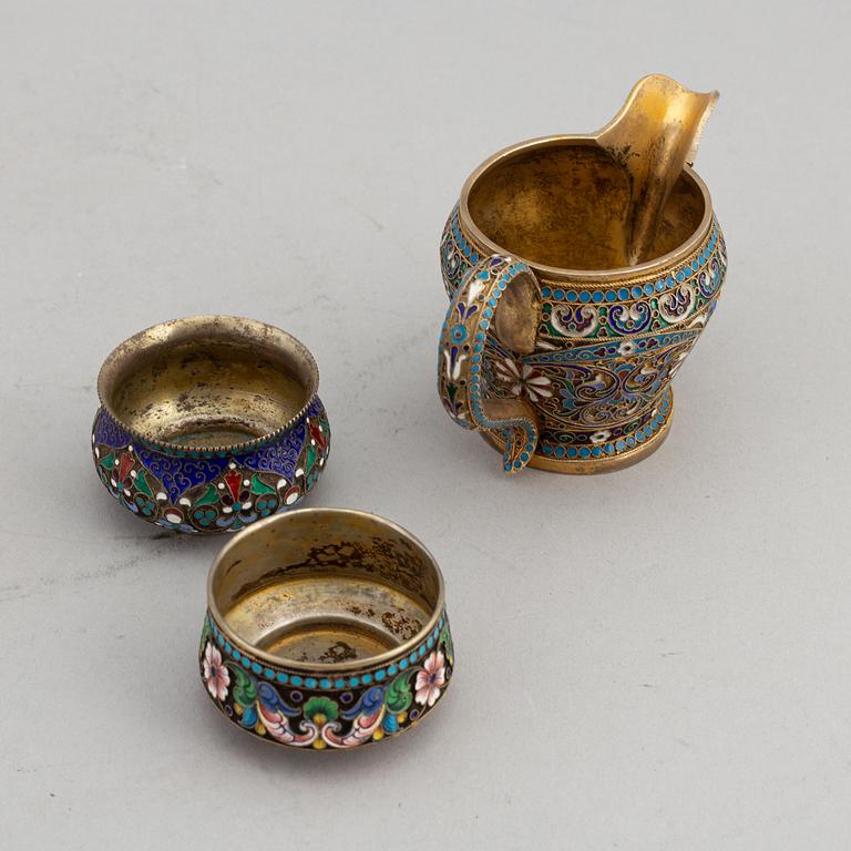 A set of Russian silver-gilt and enamel (7 pieces).