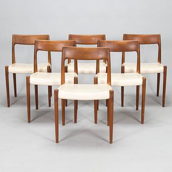 Niels Otto Møller, six model 77 taek chairs, J.L. Møllers Møbelfabrik, Denmark, 1960's.