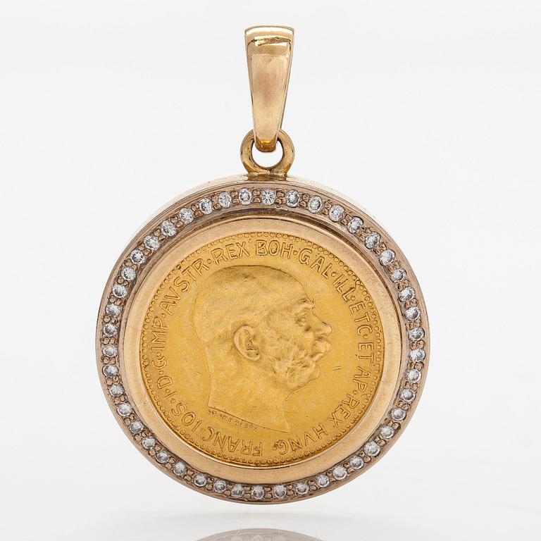 Hänge/mynt, Frans Josef I, Österrike-Ungern, 1910. 20 Corona, ca 21K (.900) och 18K guld samt diamanter.
