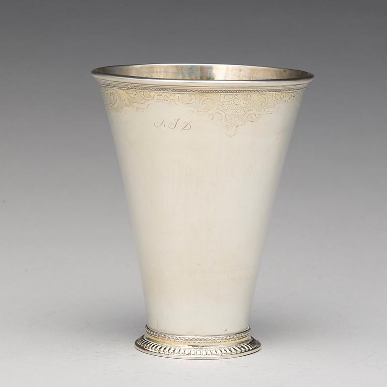 A Swedish 18th century parcel-gilt silver beaker, mark of Petter Lund, Nykoping 1736.