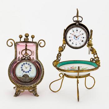 TWO POCKET WATCHES WITH STANDS.