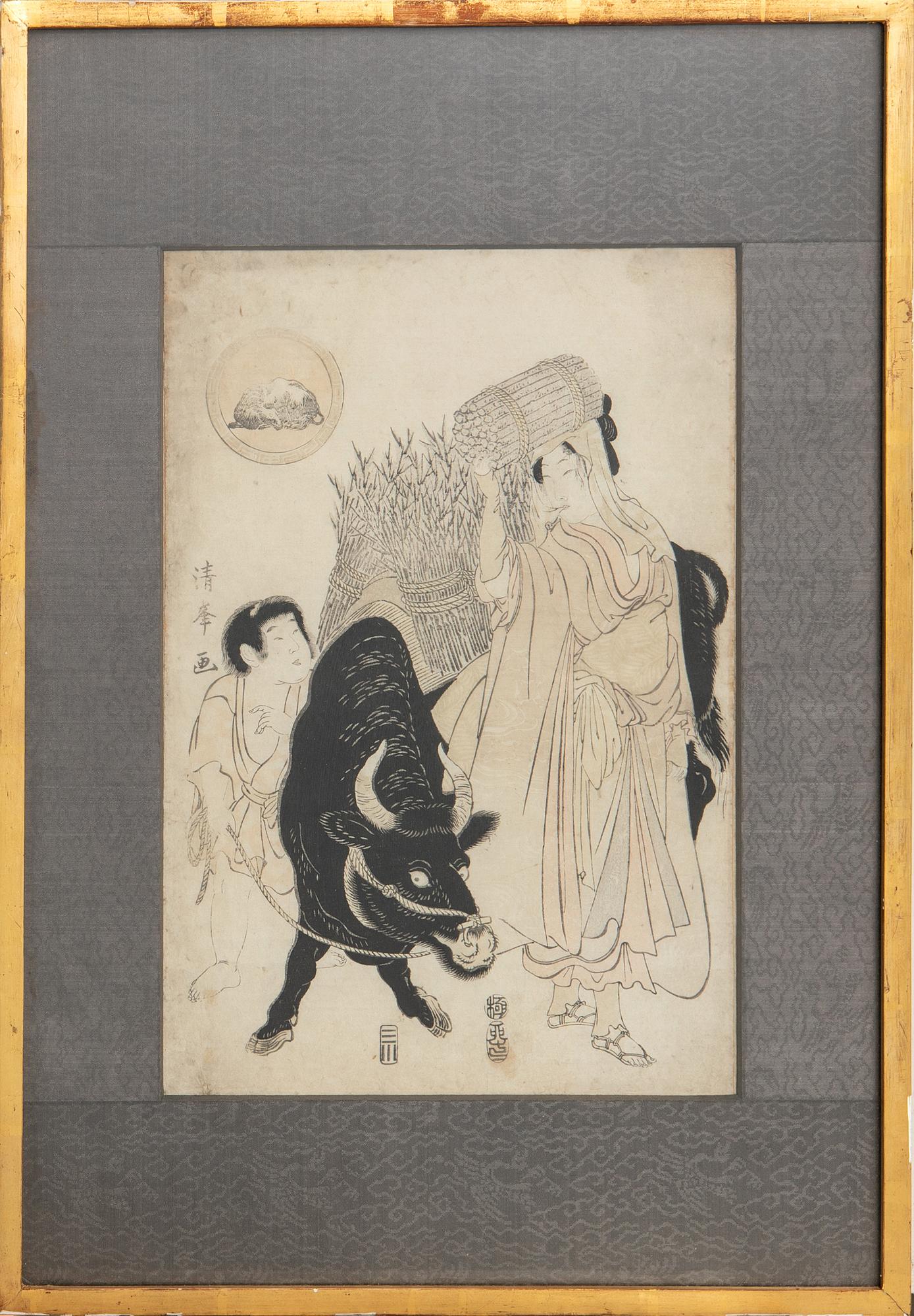 Torii Kiyomine, water buffalo and people.