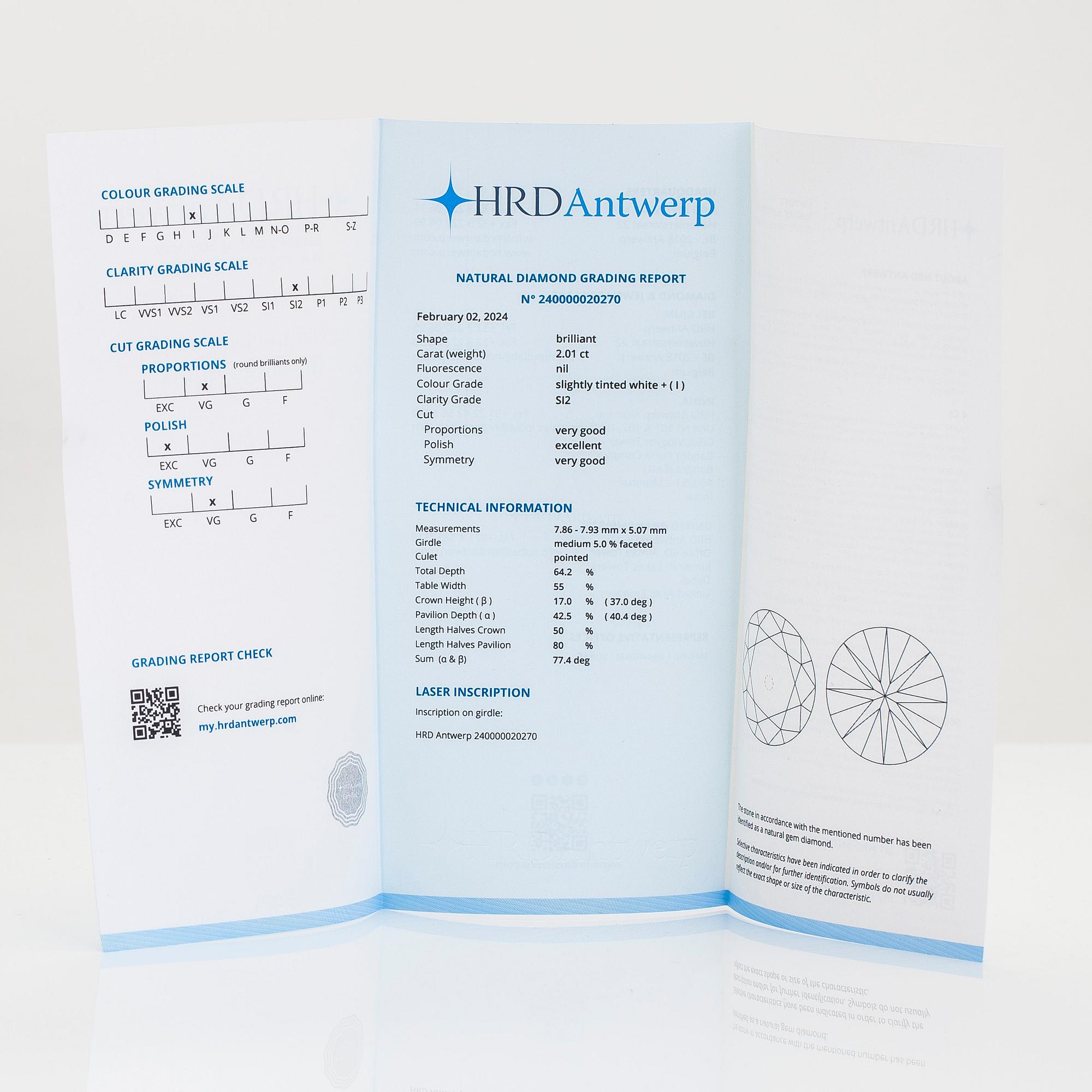 An 18K rose gold ring, with a brilliant-cut diamond approximately 2.01 ct, accompanying HRD report.