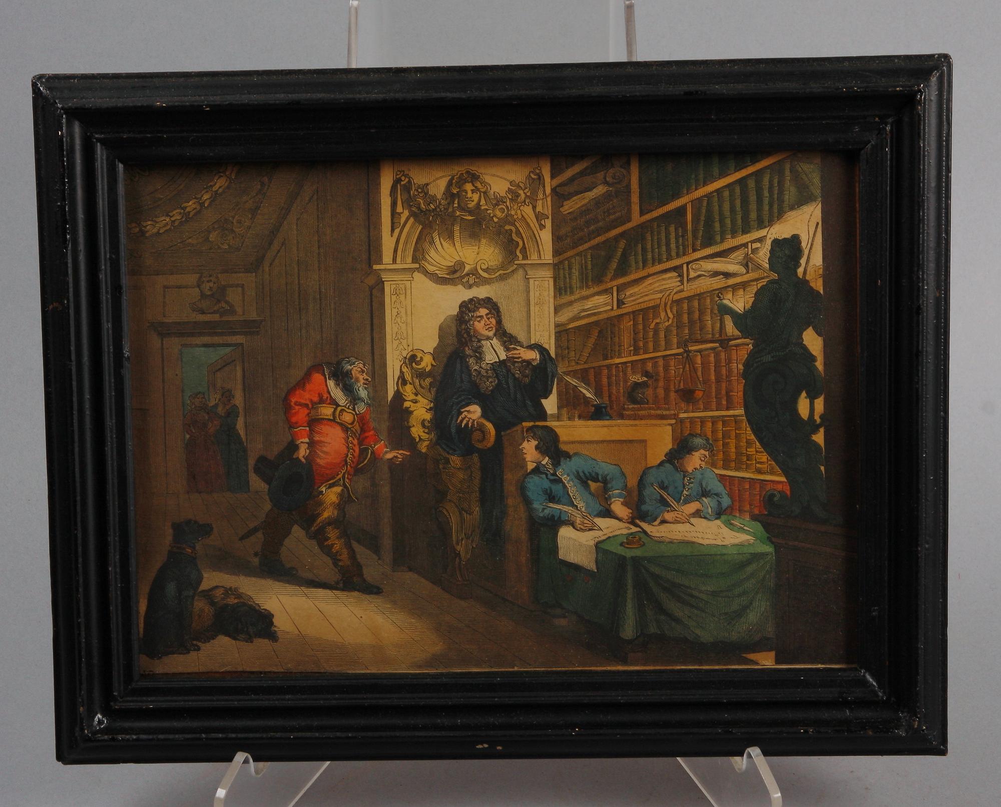 WILLIAM HOGARTH, efter, gravyrer, 9 st, handkolorerade, England 1700/1800.