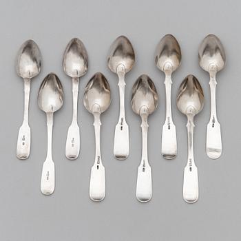 Nine silver spoons from St Petersburg, 1842 and 1873. Six with maker's mark of Johann Diedrich Lindqvist 1842.