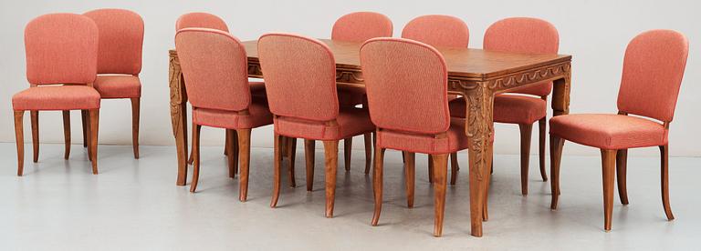 A Carl Malmsten 13 pcs stained birch dining set, executed by Hjalmar Jackson, Stockholm 1920's-30's.