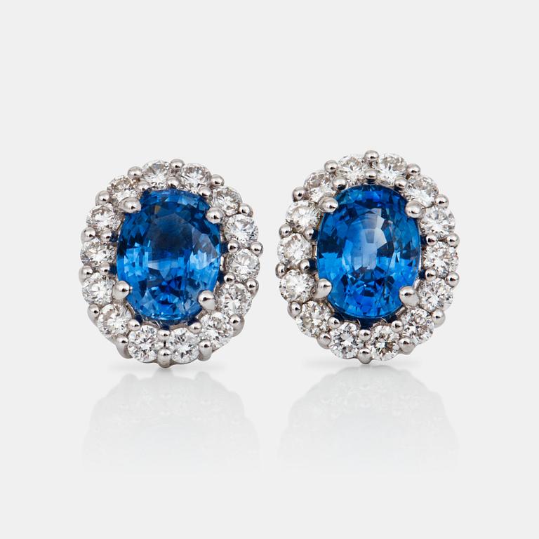 A pair of sapphire and diamond earrings. Sapphires circa 3.50cts and diamonds circa 1.00ct in total.