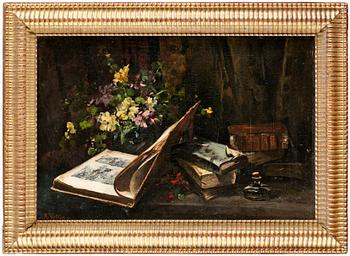 Antoine Vollon, Stilleben med blommor och böcker.