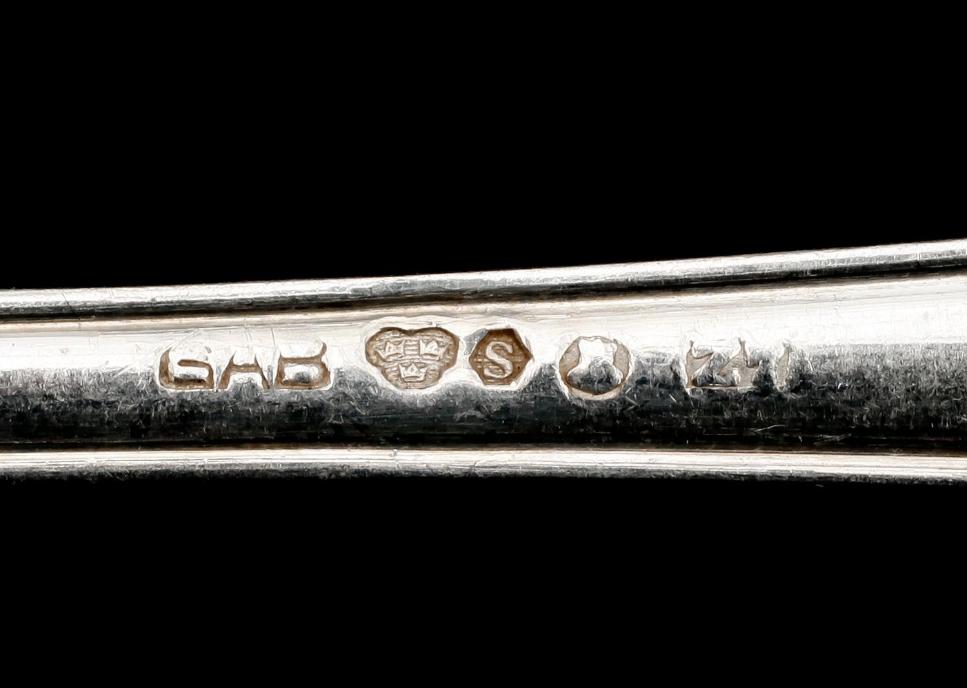 MATSKEDAR, 9 st, snarlika, silver, GAB, Stockholm bla 1918. Tot vikt 498 g.